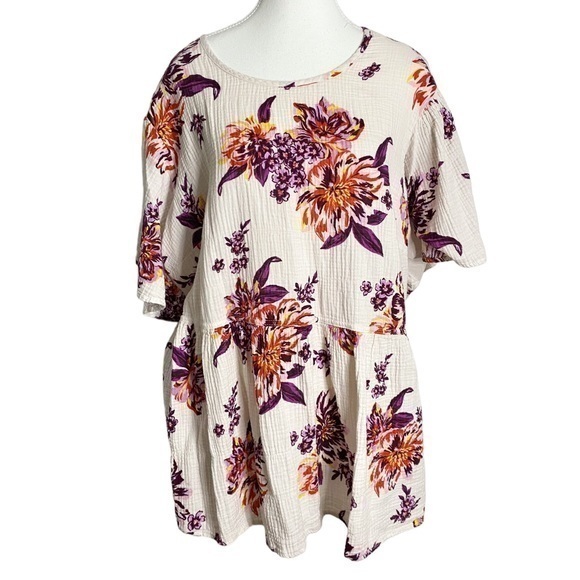 Terra & Sky Tops - Terra & Sky White with Purple and Orange Floral Peasant Style Top
